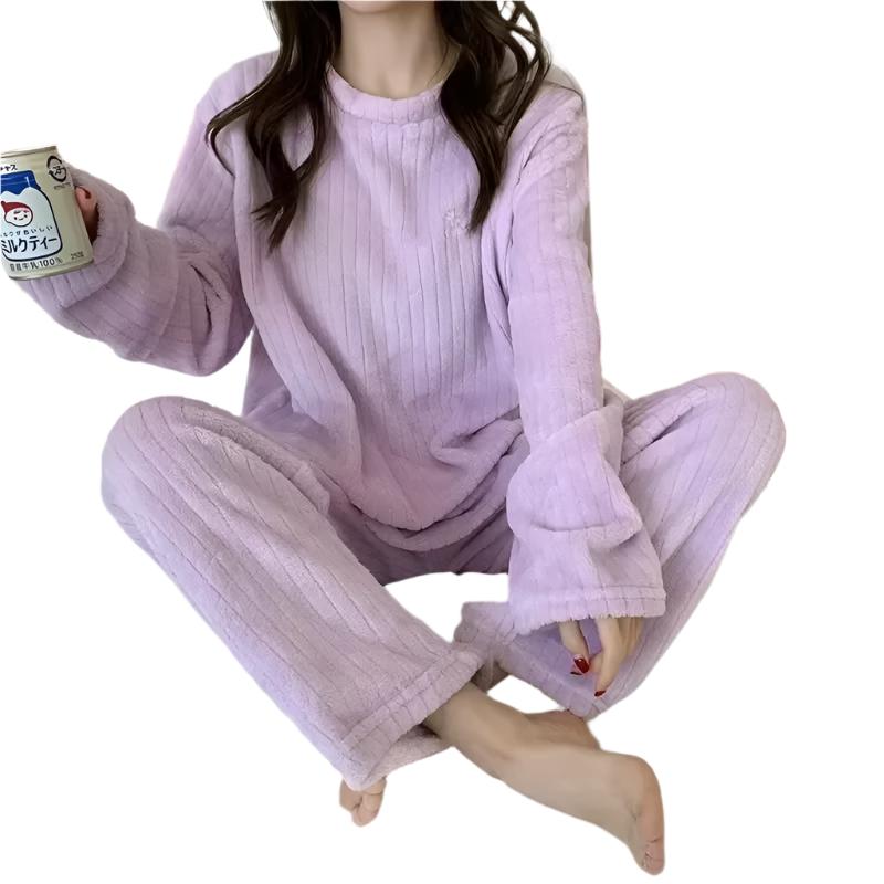 Autumn Winter Warm Flannel Women Pyjamas Sets Thick Coral Velvet Long Sleeve Soild Sleepwear Casual Flannel Pajamas Homewear