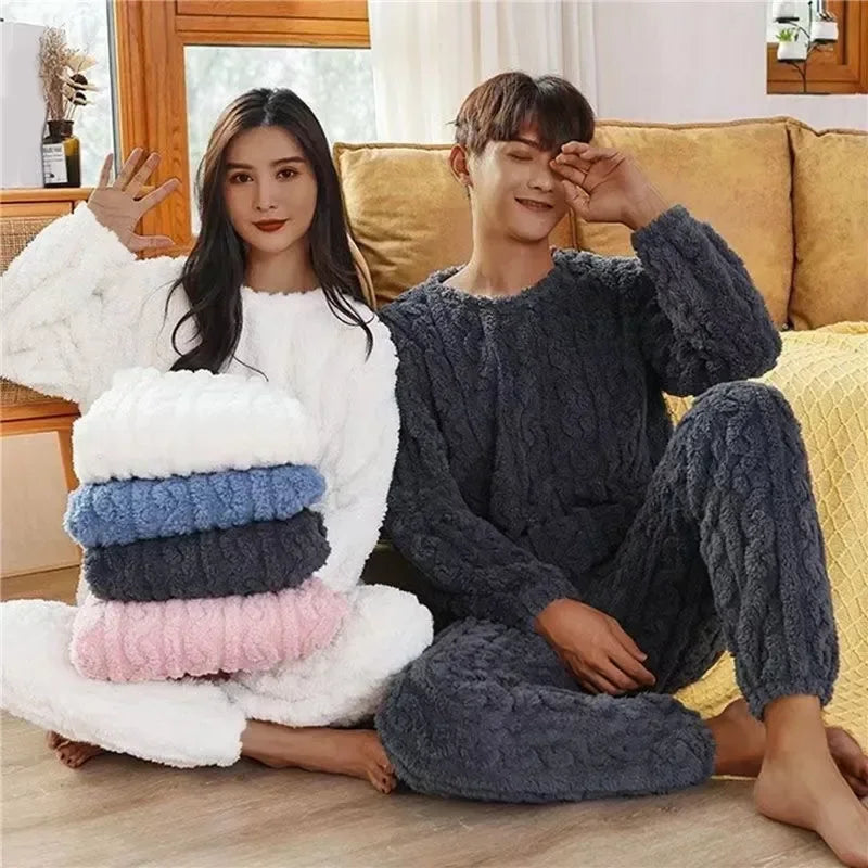 Autumn Winter Warm Flannel Women Pyjamas Sets Thick Coral Velvet Long Sleeve Soild Sleepwear Casual Flannel Pajamas Homewear