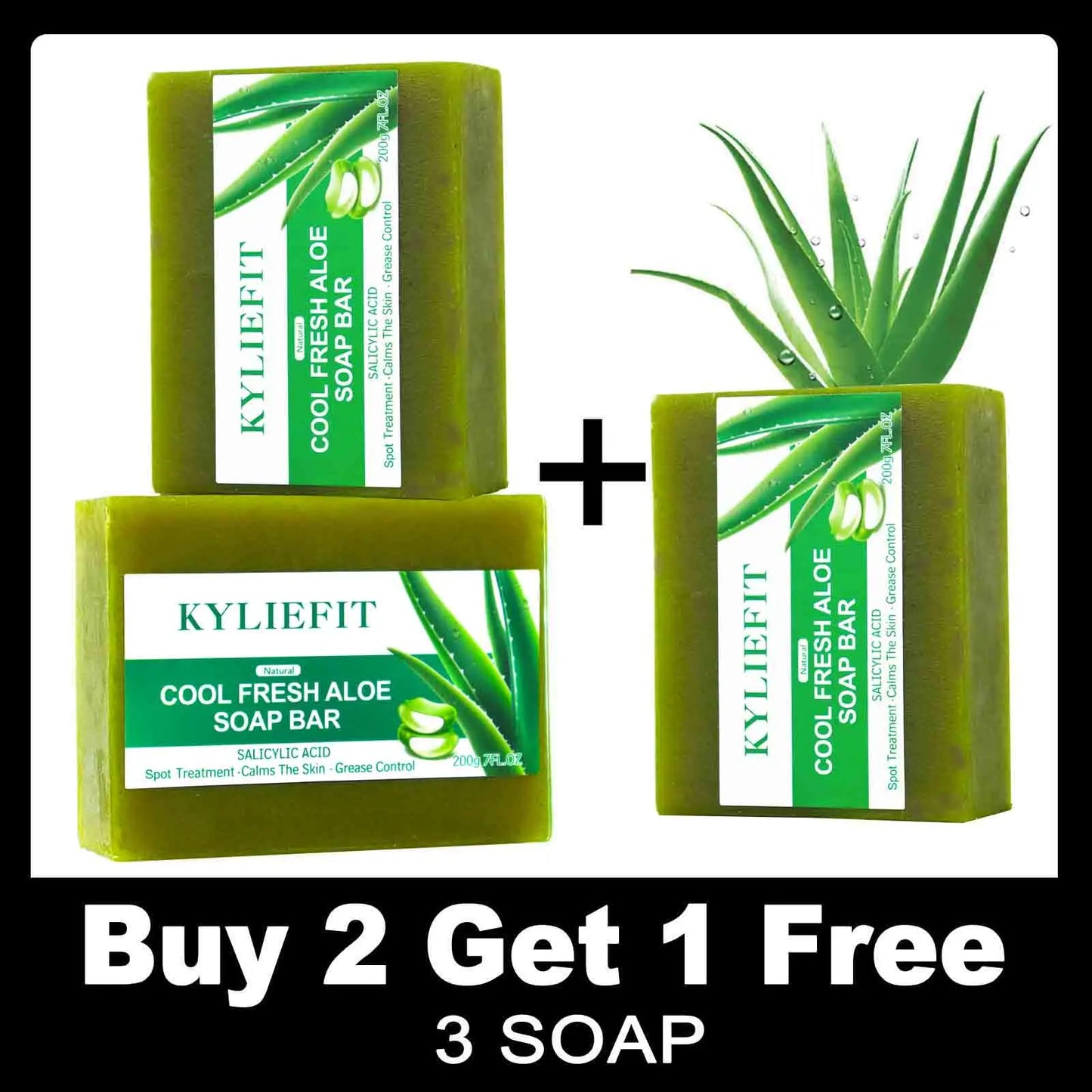 KYLIEFIT Cool Fresh Aloe Soap Bar, Reduce Acne and Black Spots, Clean Skin, Oil Control, Exfoliation, for Face and Body Use