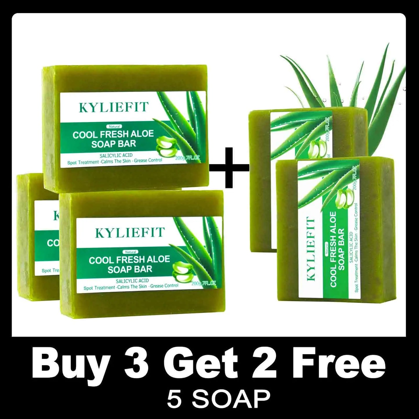 KYLIEFIT Cool Fresh Aloe Soap Bar, Reduce Acne and Black Spots, Clean Skin, Oil Control, Exfoliation, for Face and Body Use