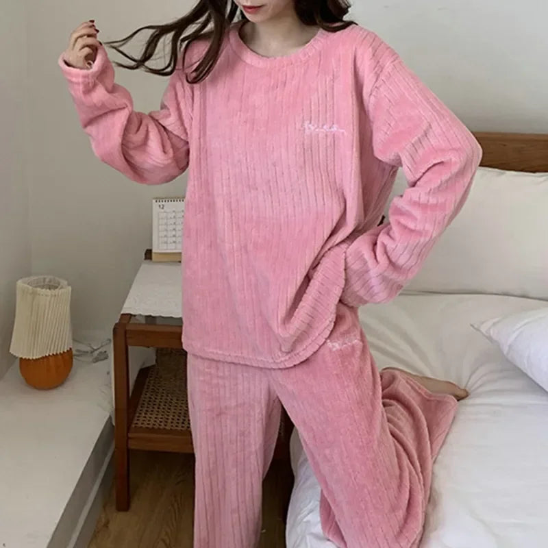 Autumn Winter Warm Flannel Women Pyjamas Sets Thick Coral Velvet Long Sleeve Soild Sleepwear Casual Flannel Pajamas Homewear