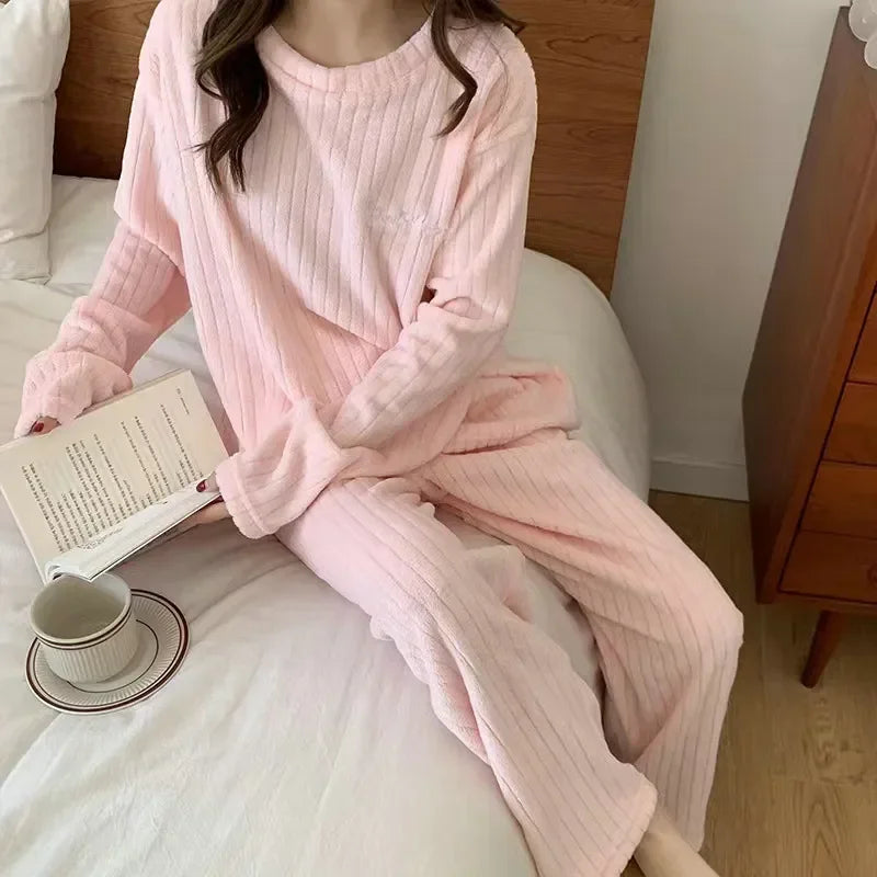 Autumn Winter Warm Flannel Women Pyjamas Sets Thick Coral Velvet Long Sleeve Soild Sleepwear Casual Flannel Pajamas Homewear