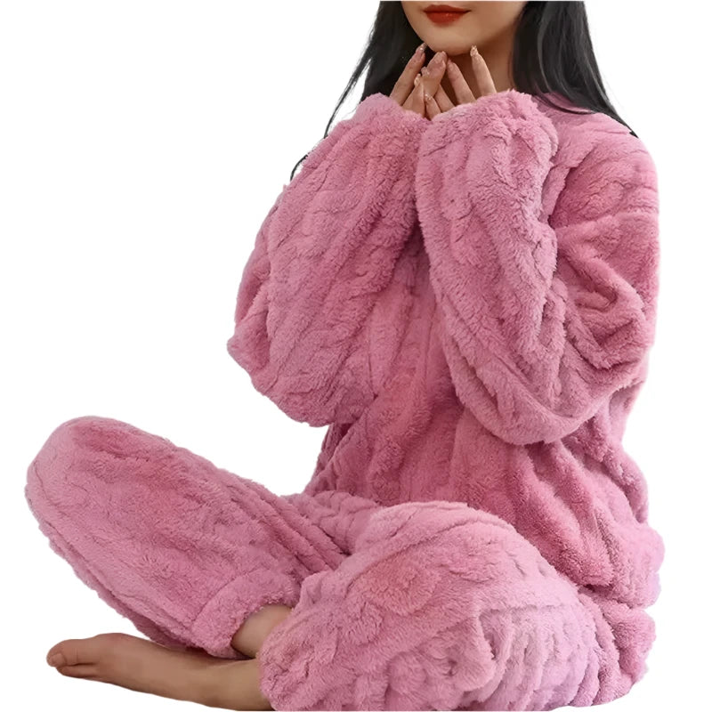 Autumn Winter Warm Flannel Women Pyjamas Sets Thick Coral Velvet Long Sleeve Soild Sleepwear Casual Flannel Pajamas Homewear