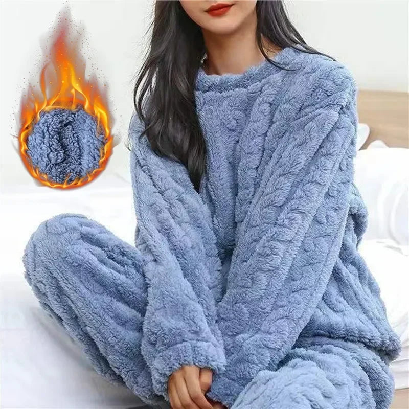 Autumn Winter Warm Flannel Women Pyjamas Sets Thick Coral Velvet Long Sleeve Soild Sleepwear Casual Flannel Pajamas Homewear